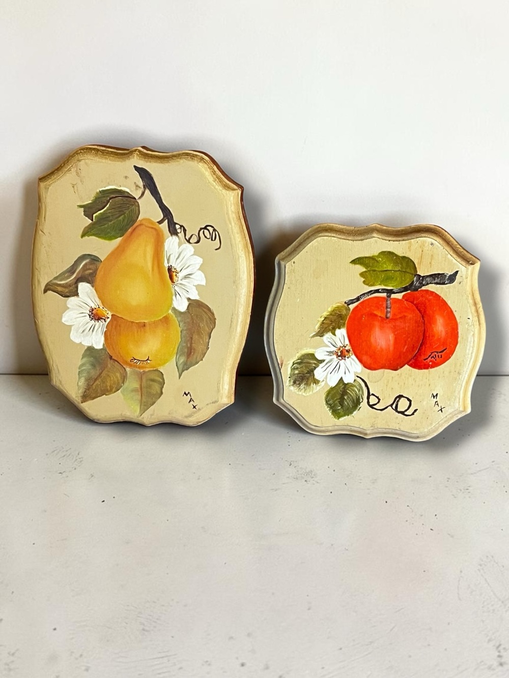 Vintage Tole Painted Wall Plaques Pears Apples Daisies Handmade Folk Art 70s/80s